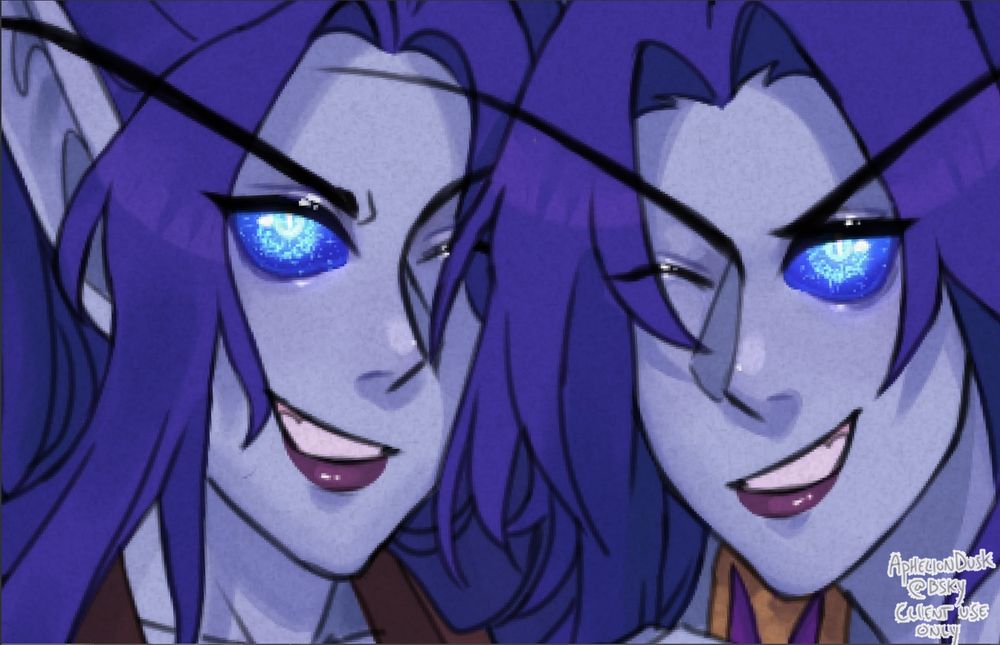 The Dawnsong Twins, Ren'dorei identical twins in World of Warcraft.

Close-up of Taeyli (left) and Raenore (right) being their smirky self while showing love to everyone. With their new cosmic starry void eye design.