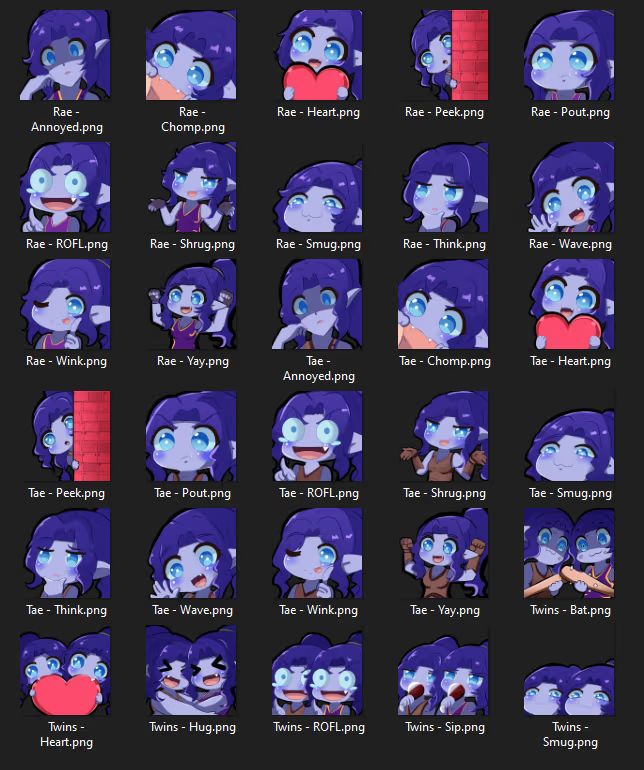 The first batch of Dawnsong Twins emojis. Each are basically separated in Rae, Tae and Twins (where together). They might look alike, but there are subtle differences, which most likely cannot be spotted on Bluesky given the sizing.