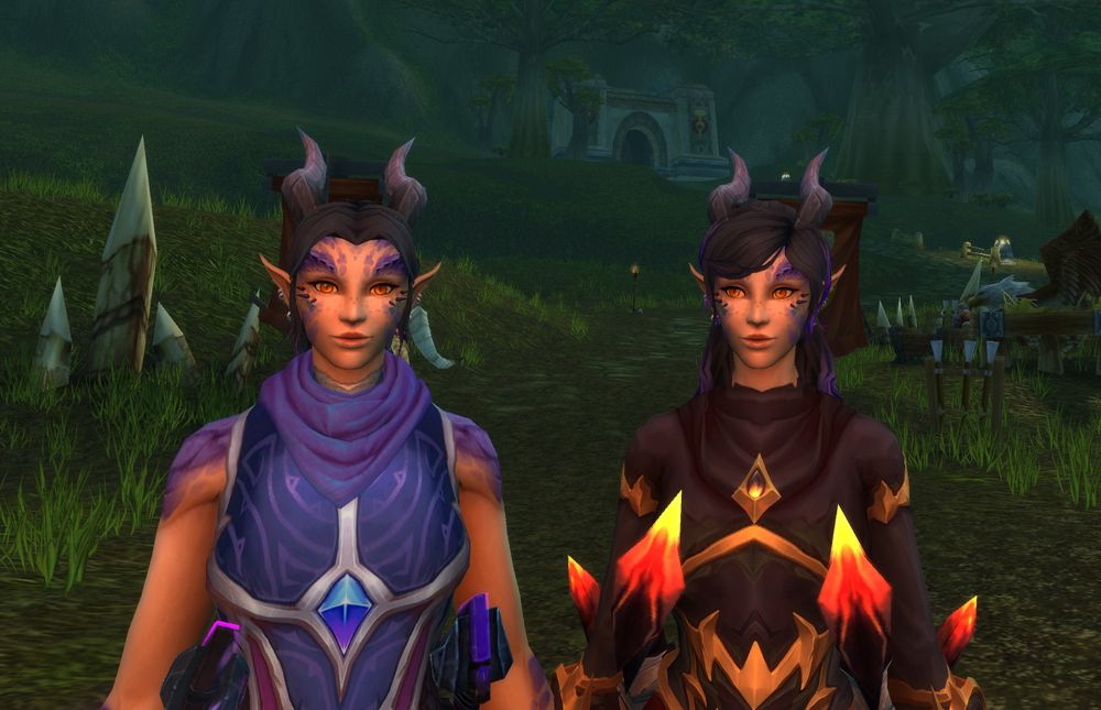 Twin dracthyr sisters, posing next to one another, in the Wetlands leveling. On the left we have the purple mage (Raenore) and on the right we have the red rogue (Taeyli).