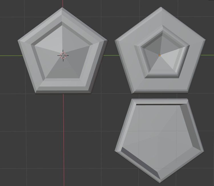 un-textured 3d model; it's intended to be a 90's-esque magical girl compact/transformation device and is shaped liked a pentagon; there are 3 copies of the same model with different tweaks made to them. i don't remember why there's 3 but i think i was testing to check that the gem shape didn't penetrate the cover of the compact
