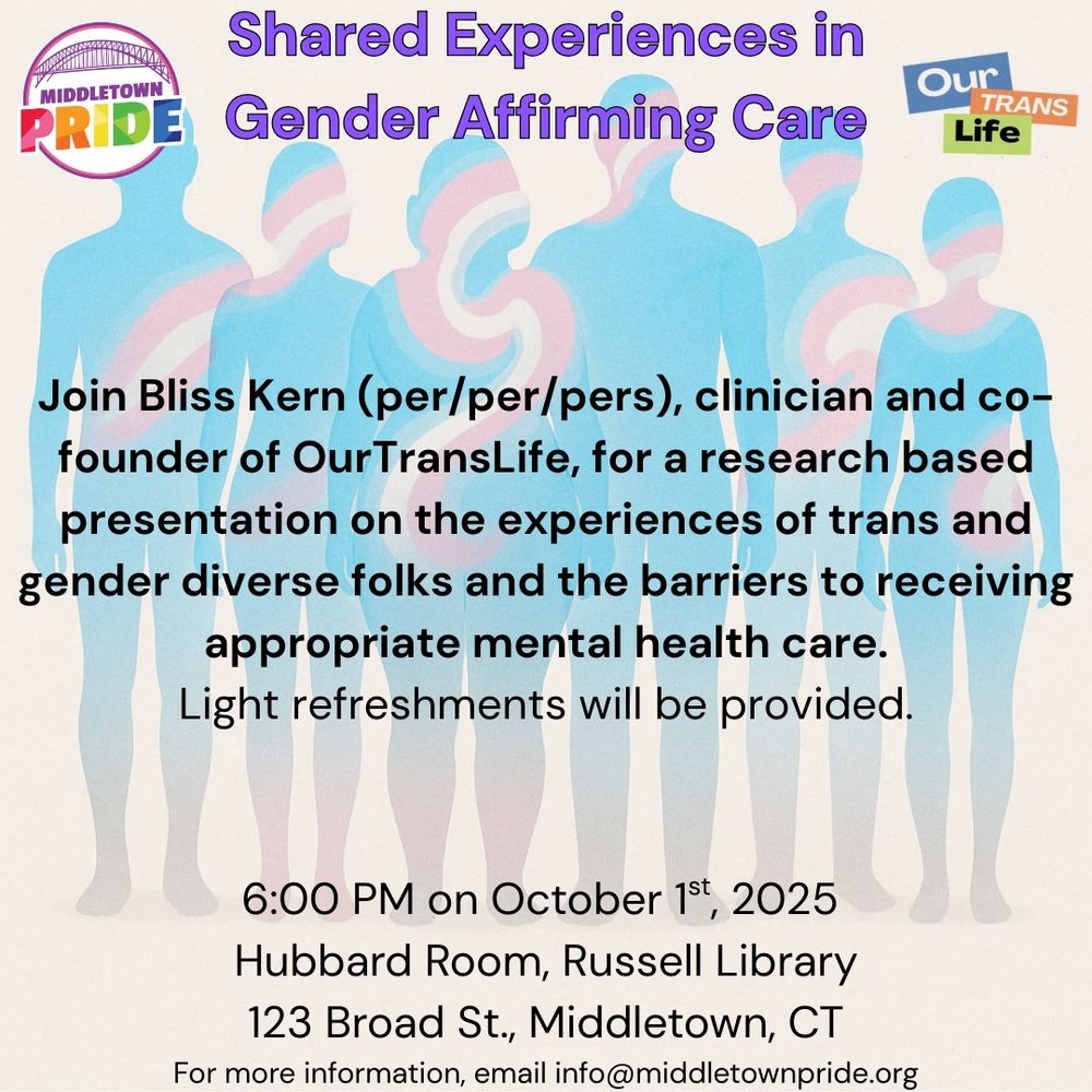 oin Bliss Kern (per/per/pers), clinician and co-founder of OurTransLife, for a research based presentation on the experiences of trans and gender diverse folks and the barriers to receiving appropriate mental health care.
Light refreshments will be provided.