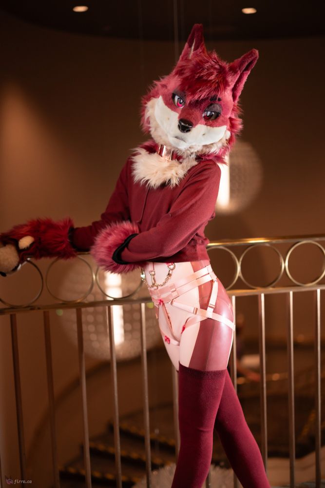 Fursuiting on the second floor stairwell of the commons area by the railing in the Westin Harbourfront Castle during Furnal Equinox. I'm wearing my collar, custom latex catsuit, with thigh socks on top, a croptop hoodie, and pink harness.