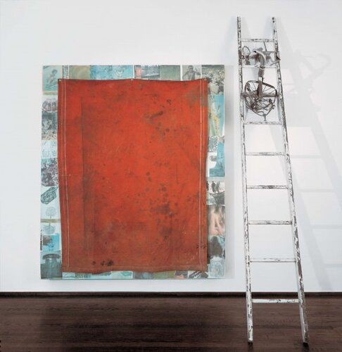 "Mango Ice Cave (Scale)" by Robert Rauschenberg features a vibrant red canvas juxtaposed against a collage backdrop, showcasing his innovative approach to assemblage. The inclusion of a ladder with collected objects highlights his fascination with everyday materials, integrating art and life in unexpected ways.