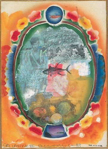"Sri Lanka VI" by Robert Rauschenberg is a vibrant collage incorporating images that hint at the cultural essence and natural beauty of Sri Lanka, framed within a boldly colorful and abstract border. Created in 1983, this work reflects Rauschenberg's fascination with integrating photographic imagery and found objects, capturing both the locality's spirit and his innovative artistic techniques.