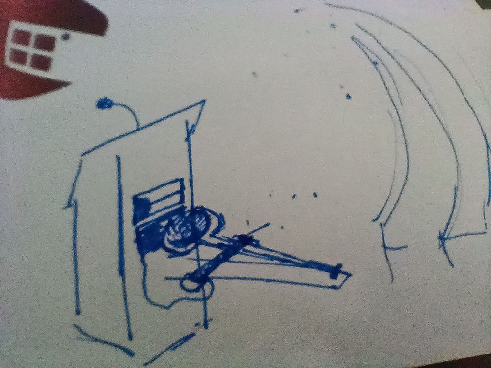 Crude drawing of improvised pie launcher protruding from a podium. 