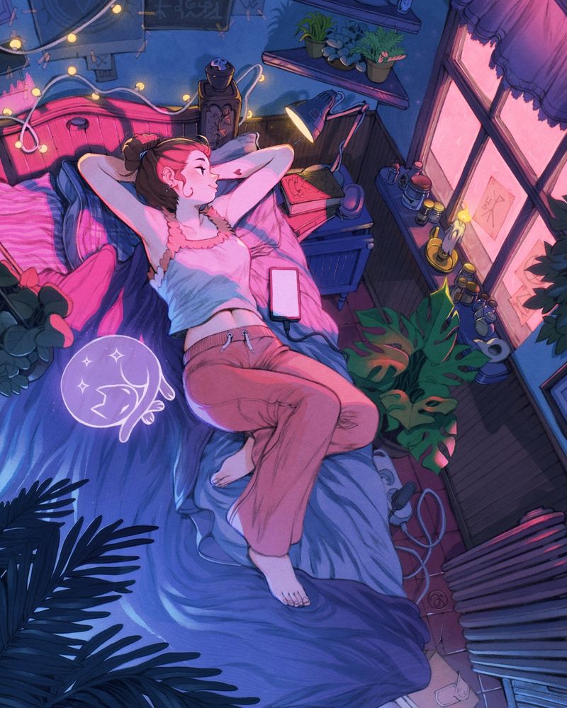Illustration of the course showing a witch laying on the bed with a ghost cat on their side. The colors are bright and saturated.