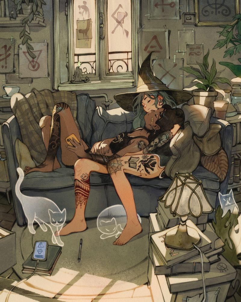Two witches sleeping on the couch during the afternoon. In the room there are ghost cats and a phone with an alarm going off.