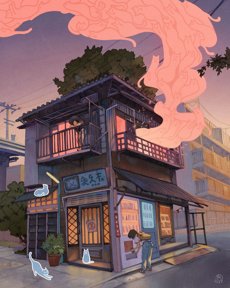 A pink cloud of ghost cats coming out the windows of an house.