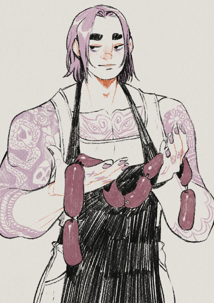 Very buff butcher holding some sausages.