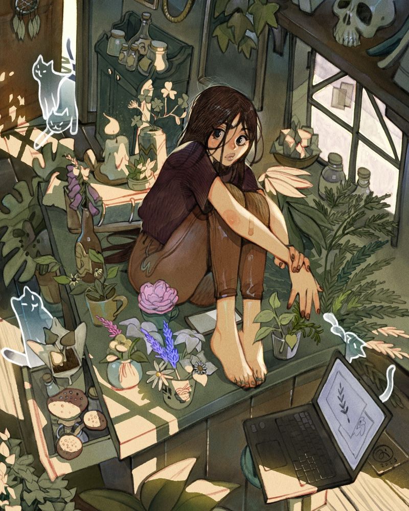 A character sitting on a counter surrounded by plants and flowers. From the door behind them a bunch of ghost cats are sneaking in.