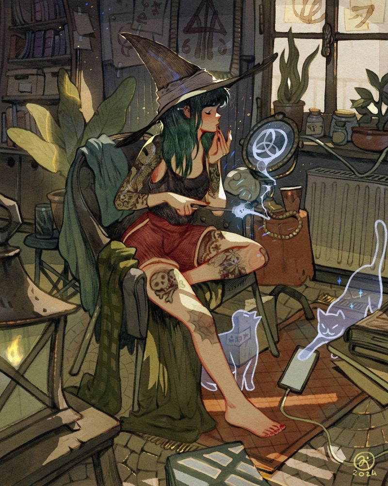 A character sitting on a couch while fixing their make-up. They have a magic wand that's casting a magic on a circular mirror next to the couch. On the ground there're two ghost cats and one of them is touching a smartphone left on the floor while charging.