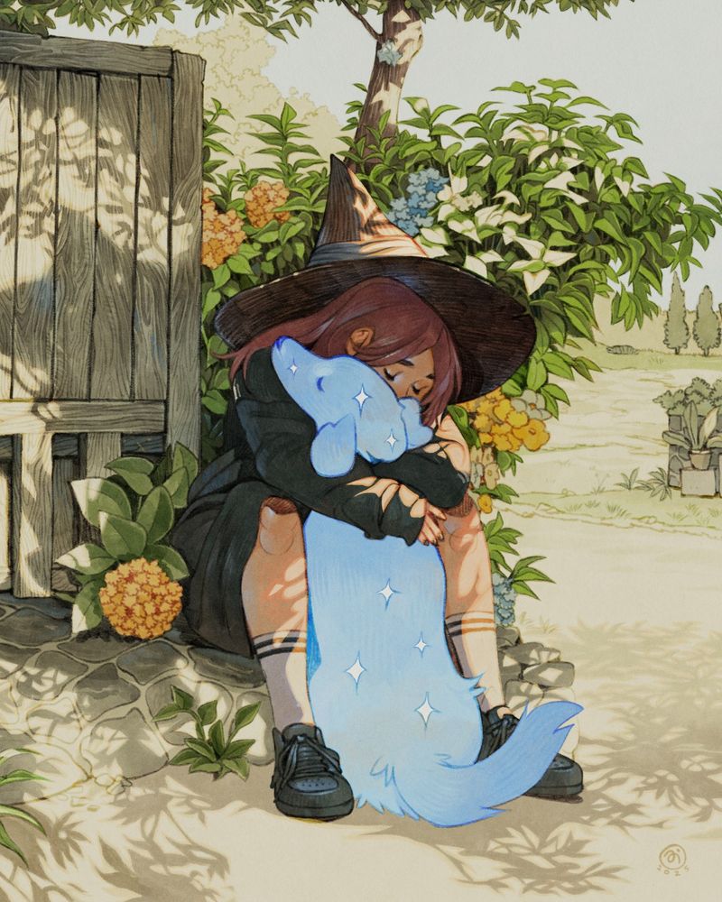 Two friends, a witch and a dog, finally hugging again in a sunny day.