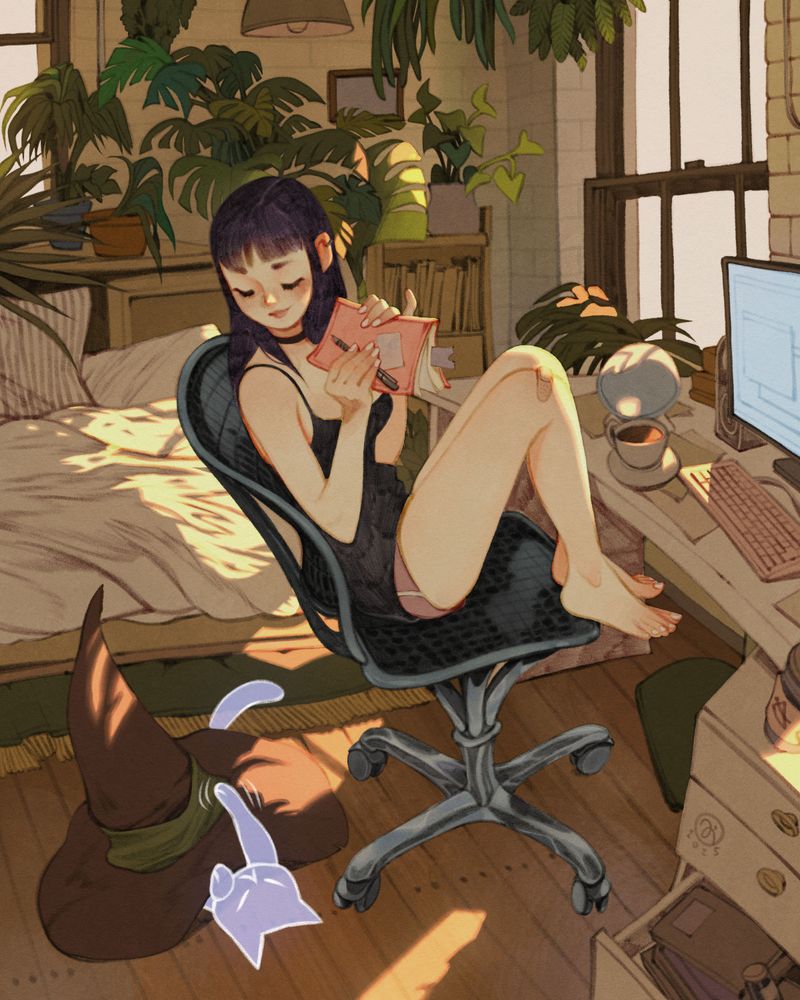 A character holding their diary while looking at their ghost cat struggling to get out from under their witch hat.