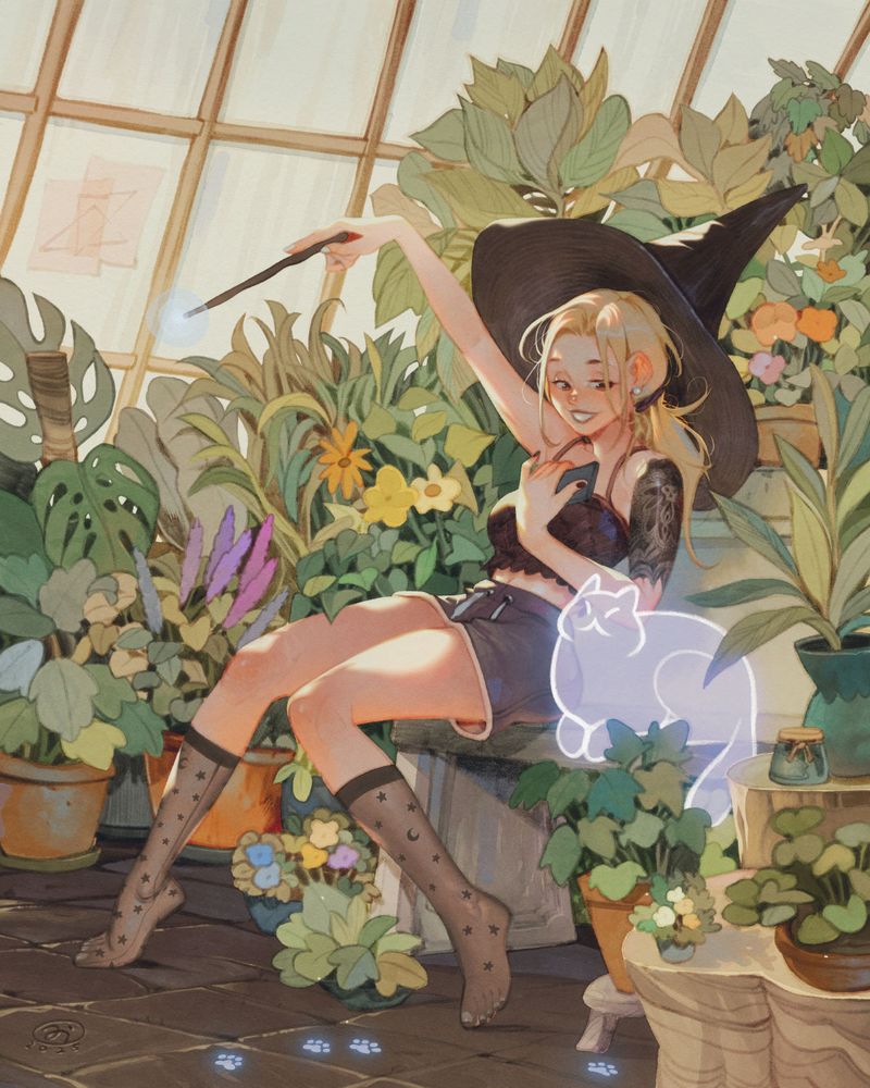A witch playing with their ghost cat in a greenhouse.