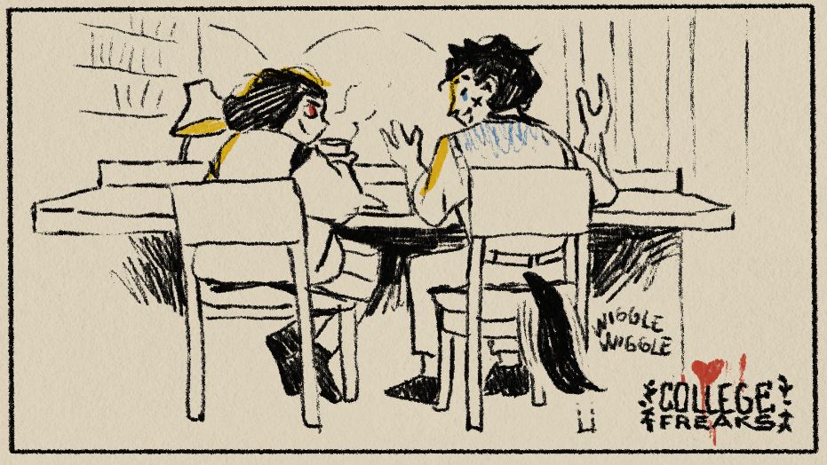 Vampire and Warewolf talking in the library. Warewolf tail is wiggling.