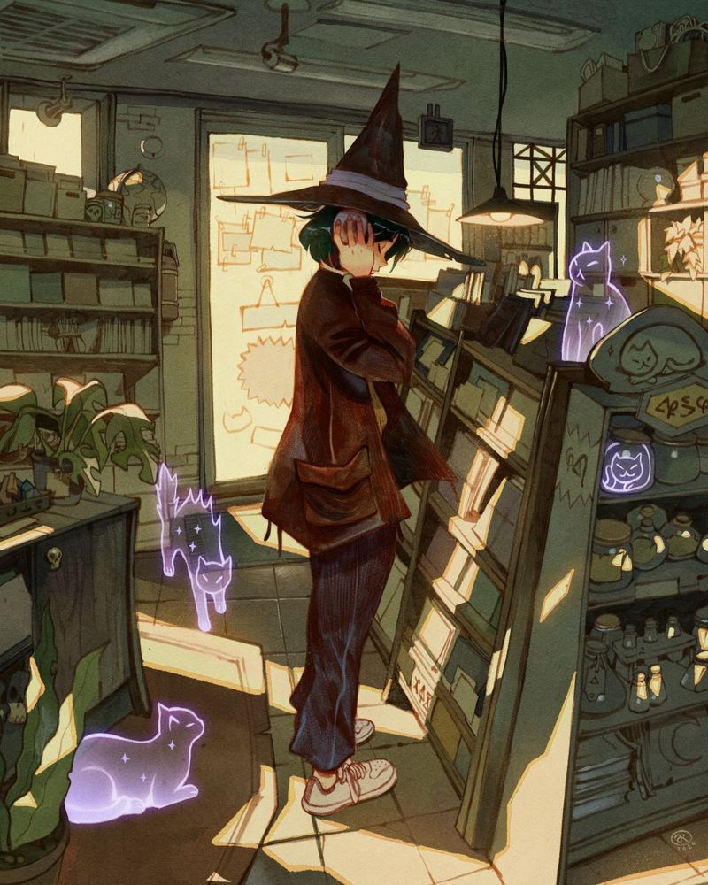 A character listening music in a antique shop surrounded by ghost cats. The character is wearing a brown coat and a witch hat.