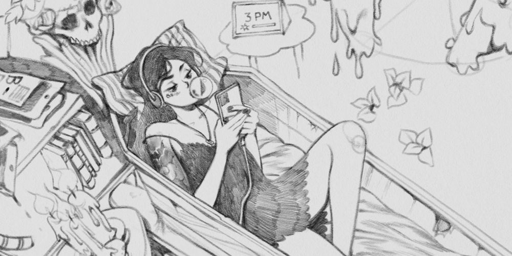 Sketch of a vampire in their bad/coffin chillin on the phone. 