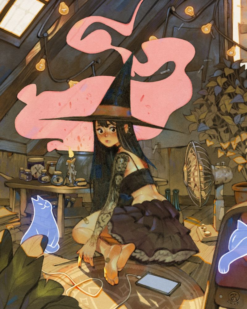 A character brewing spells in a cauldron. The character is looking at the viewer. There are two ghost cats and near the cauldron there are a few jars. In the room there are two windows, some plants and a fan.