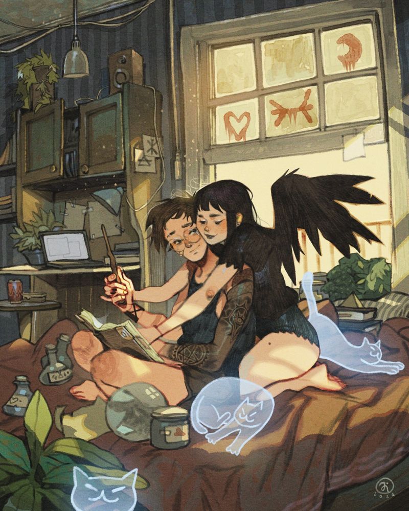 Two characters hugging each other. One has wings and is teaching something to the other one. They're surrounded by ghost cats and magic tools and trinkets.