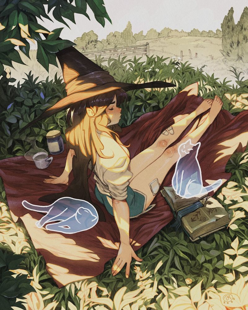A witch resting under a tree on a grass patch surrounded by their ghost cats.