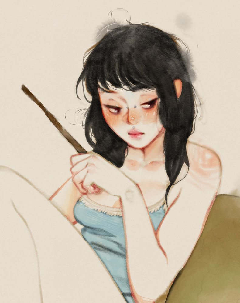 Portrait character looking like this :( and holding a magic wand.