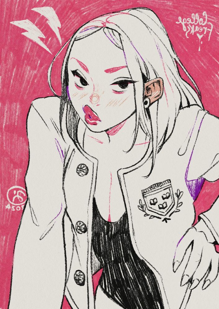 Baddie character with fuchsia background and jacket.