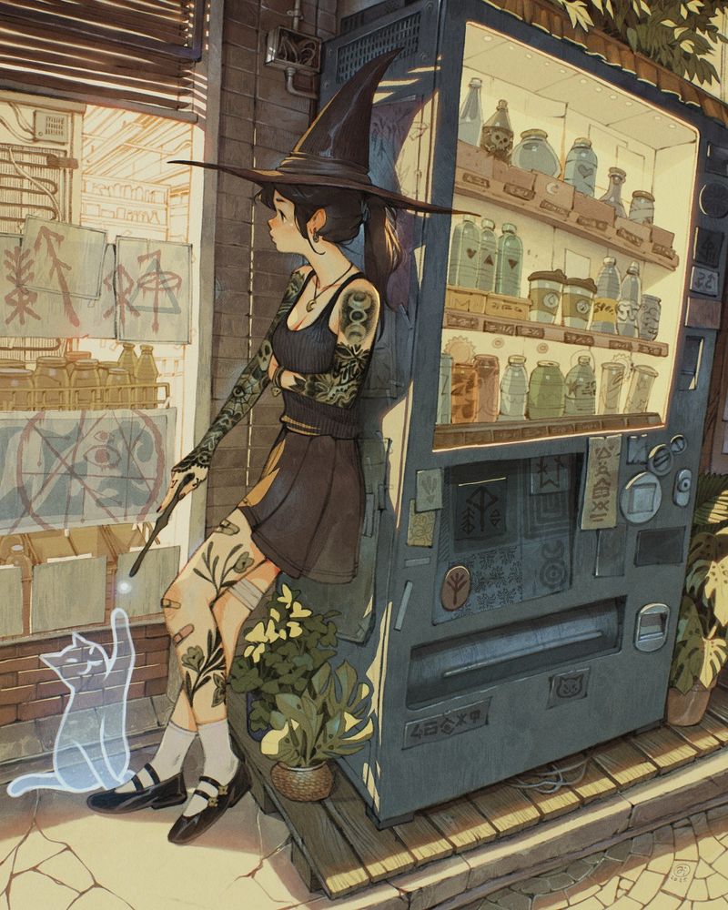 A witch waiting outside a grocery store while laying with their back on a vending machine.