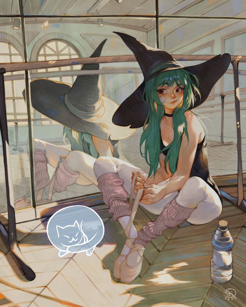 A witch ballerina with a ghost cat.