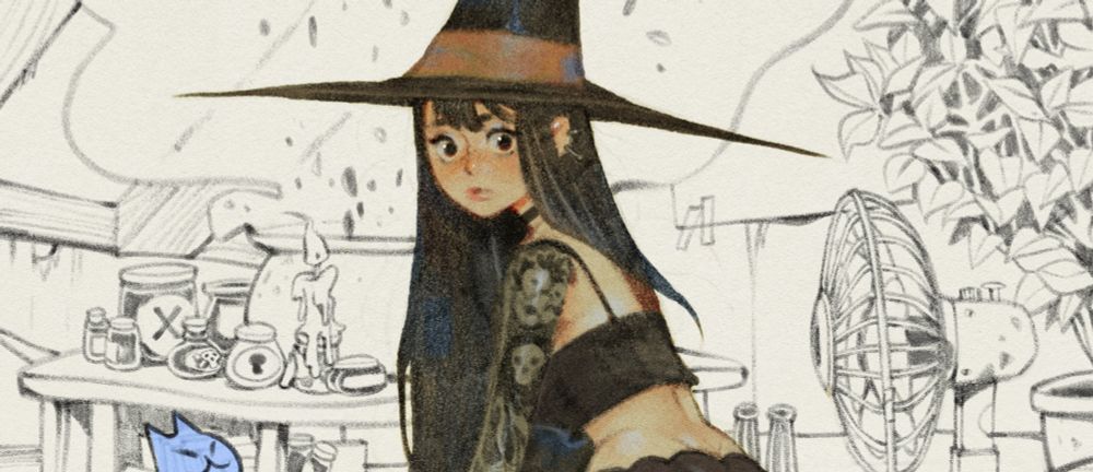 Sketch preview. There's a witch looking startled at the viewer. Behind the charqcter there's a smoking cauldron, a fan a ghost cat, jars, plants and a fan.