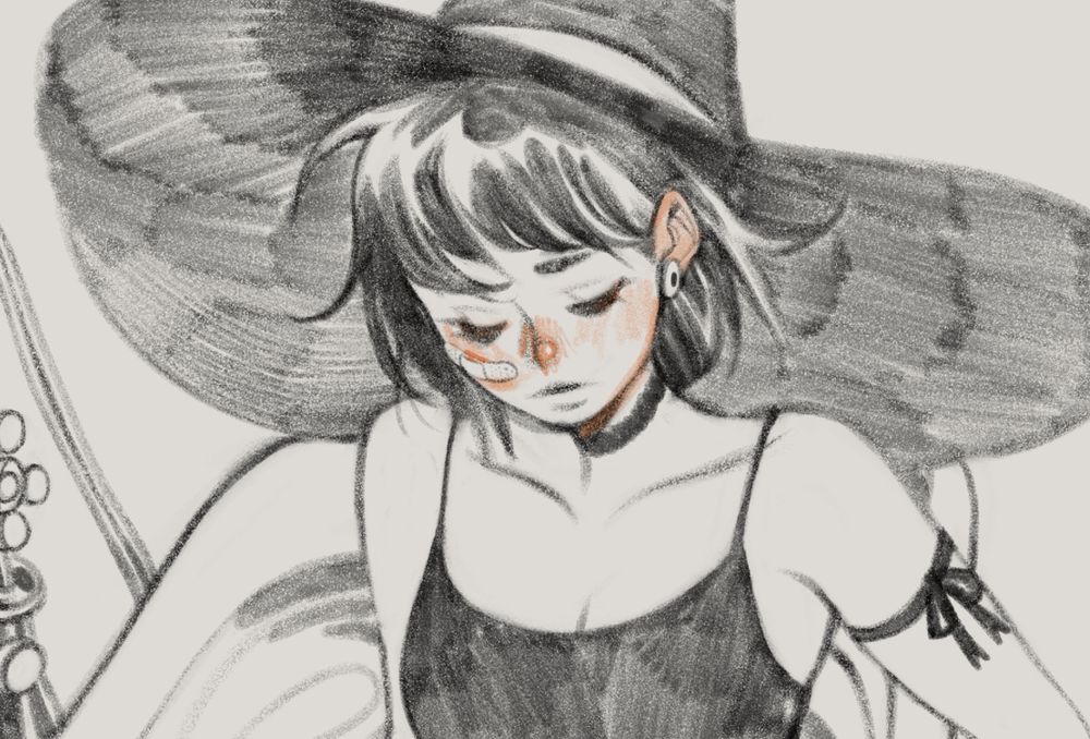 Draft of a short hair character with a witch hat.