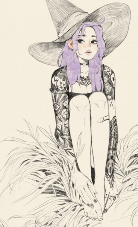 Sketch of a witch with tattoos.