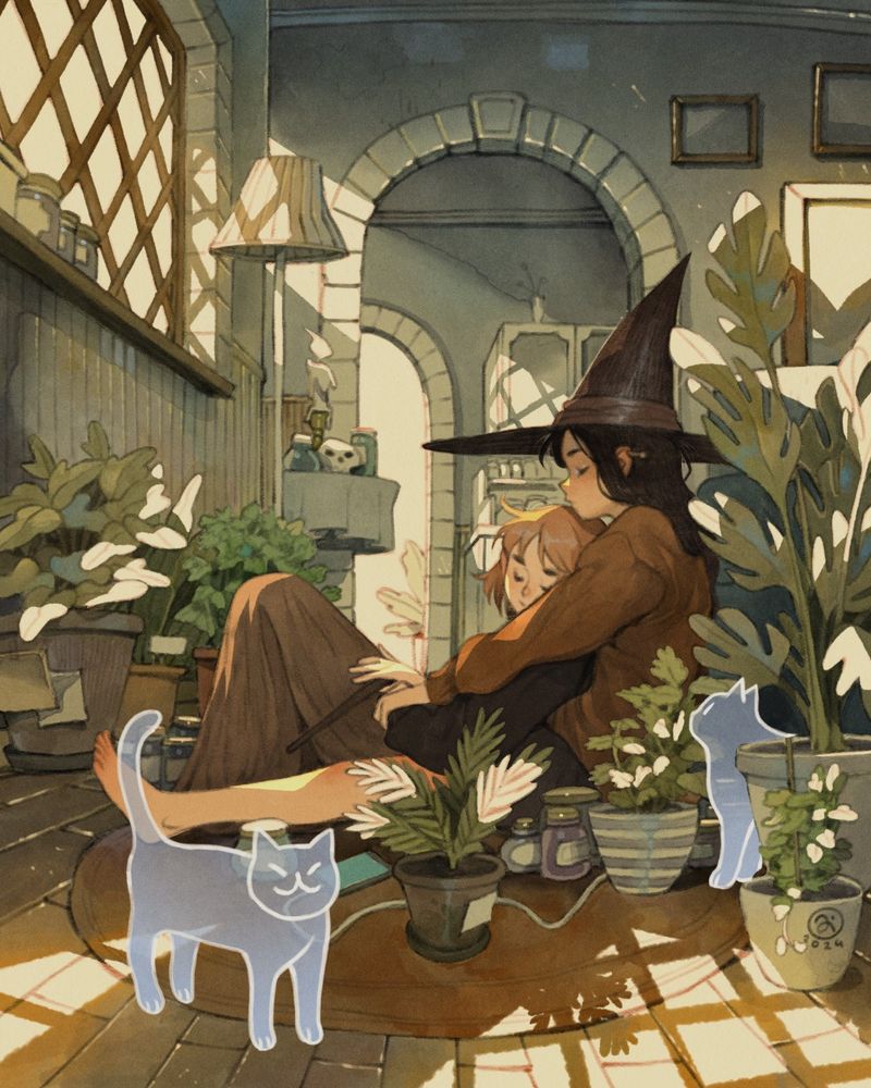 Two characters sleeping with the back against the couch during a sunny day. They're surrounded by ghost cats and one of them wears a witch hat. There's vials, plants and trinkets all around them.