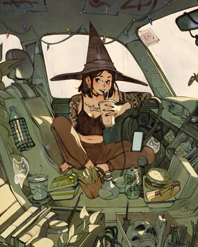 A character wearing a witch hat sitting in the car surrounded by fast food and plants.