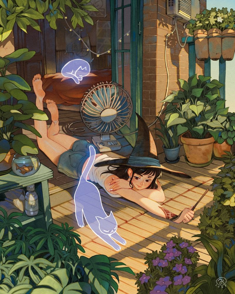 A character stretching on their balcony full of flower, surrounded by their ghost cats. The main subject is wearing a witch hat and holding a magic wand.