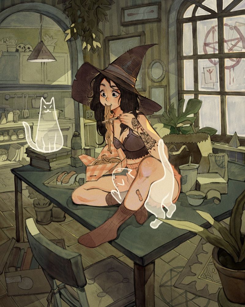 A witch eating noodles in her living room surrounded by ghost cats and takeaway food.