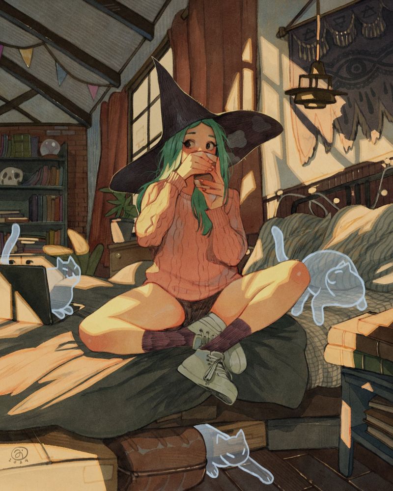 A character on the bed surrounded by ghost cats is sipping their green tea, when they're suddenly distracted by a familiar sound in the other room.