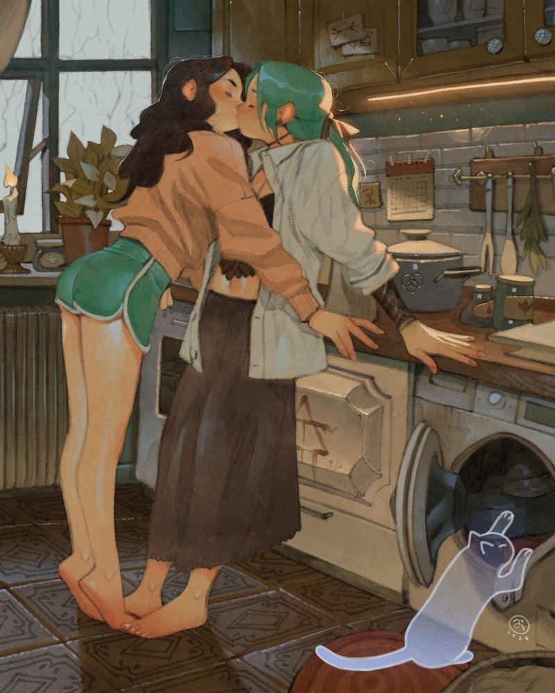 Two characters kissing each other in their kitchen while it's raining outside.