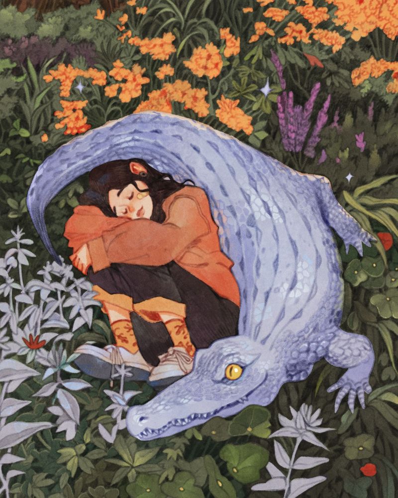 A character resting next to their friend in a grass and flowers field.