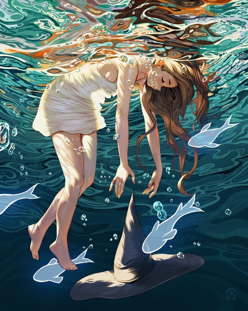 A character underwater surrounded by ghost fishes.