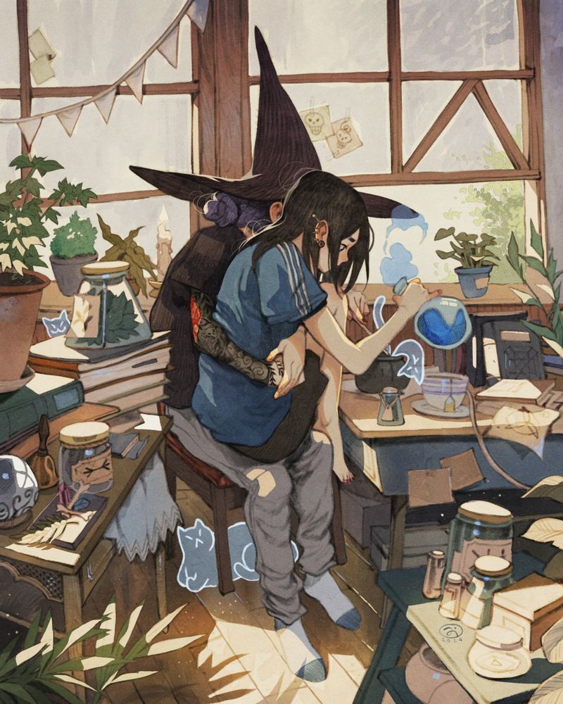 Two characters experimenting with potions during class. They're surrounded by ghost cats and from the caudron in front of them is coming out a ghost cat.