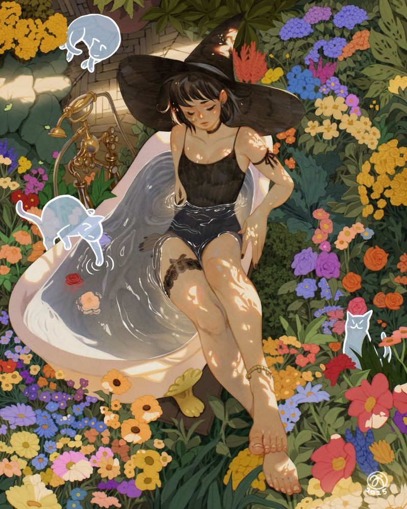 A witch sitting in a batthub in a flower field surrounded by ghost cats.