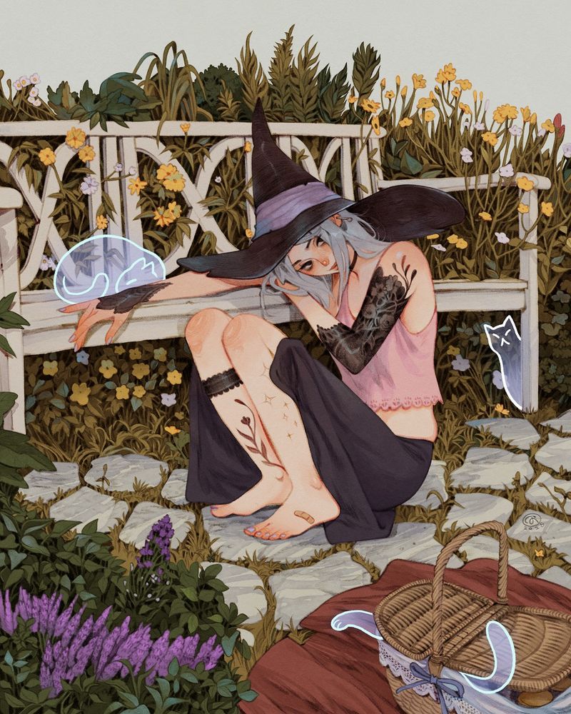A character crouching next to a bench surrounded by a garden with many flowers and plants. There are ghost cats around the character in different positions. In foreground there's a picnic basket and one of the ghost cats is inside it.