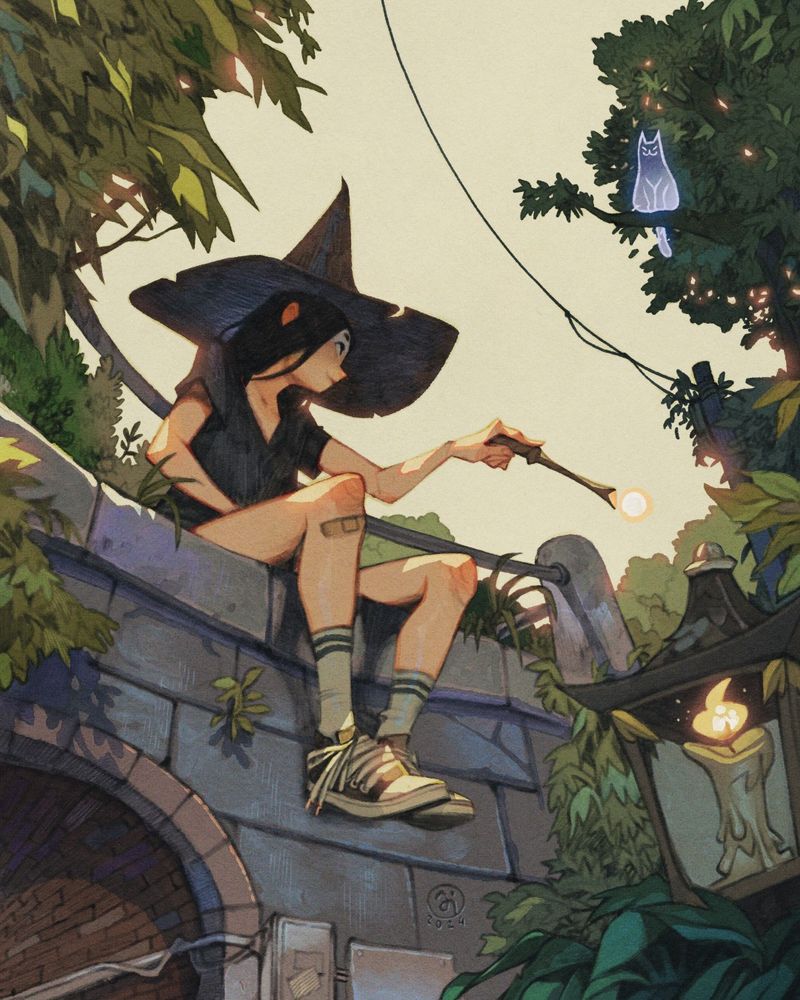 A character using magic sitting on a wall, while being watched by a ghost cat.