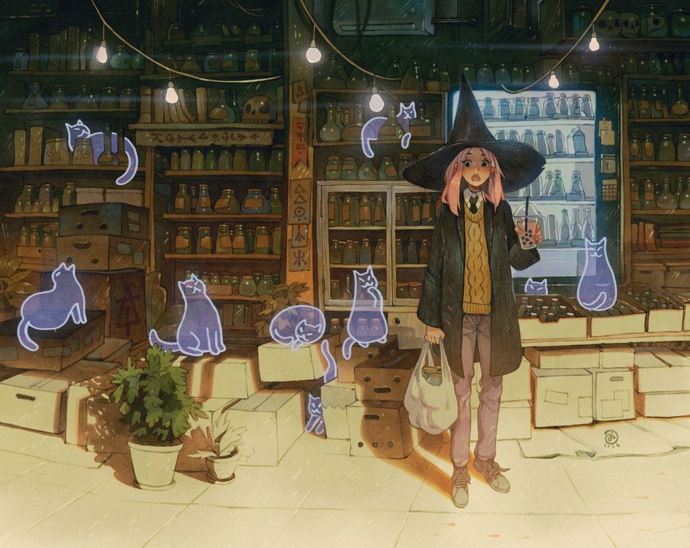 A character standing in front of a market potion shop, surrounded by ghost cats. The character is holding a boba tea and a bag full of jars.
