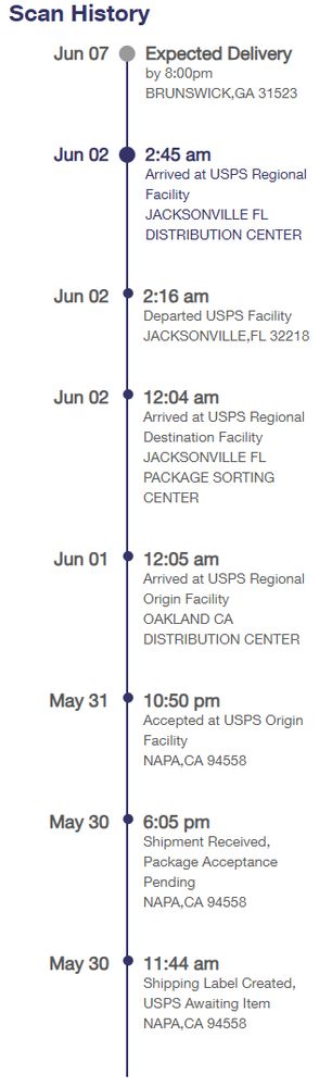 Jun 07   
Expected Delivery
by 8:00pm
BRUNSWICK,GA 31523
   
Jun 02   
2:45 am
Arrived at USPS Regional Facility
JACKSONVILLE FL DISTRIBUTION CENTER
   
Jun 02   
2:16 am
Departed USPS Facility
JACKSONVILLE,FL 32218
Jun 02   
12:04 am
Arrived at USPS Regional Destination Facility
JACKSONVILLE FL PACKAGE SORTING CENTER
Jun 01   
12:05 am
Arrived at USPS Regional Origin Facility
OAKLAND CA DISTRIBUTION CENTER
May 31   
10:50 pm
Accepted at USPS Origin Facility
NAPA,CA 94558
May 30   
6:05 pm
Shipment Received, Package Acceptance Pending
NAPA,CA 94558
May 30   
11:44 am
Shipping Label Created, USPS Awaiting Item
NAPA,CA 94558