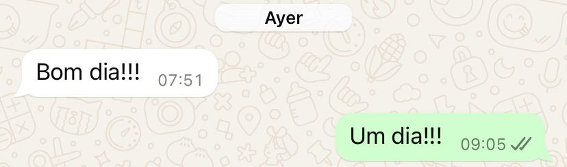print de uma conversa do WhatsApp. mensagem 1: bom dia!!! mensagem 2: um dia!!!!