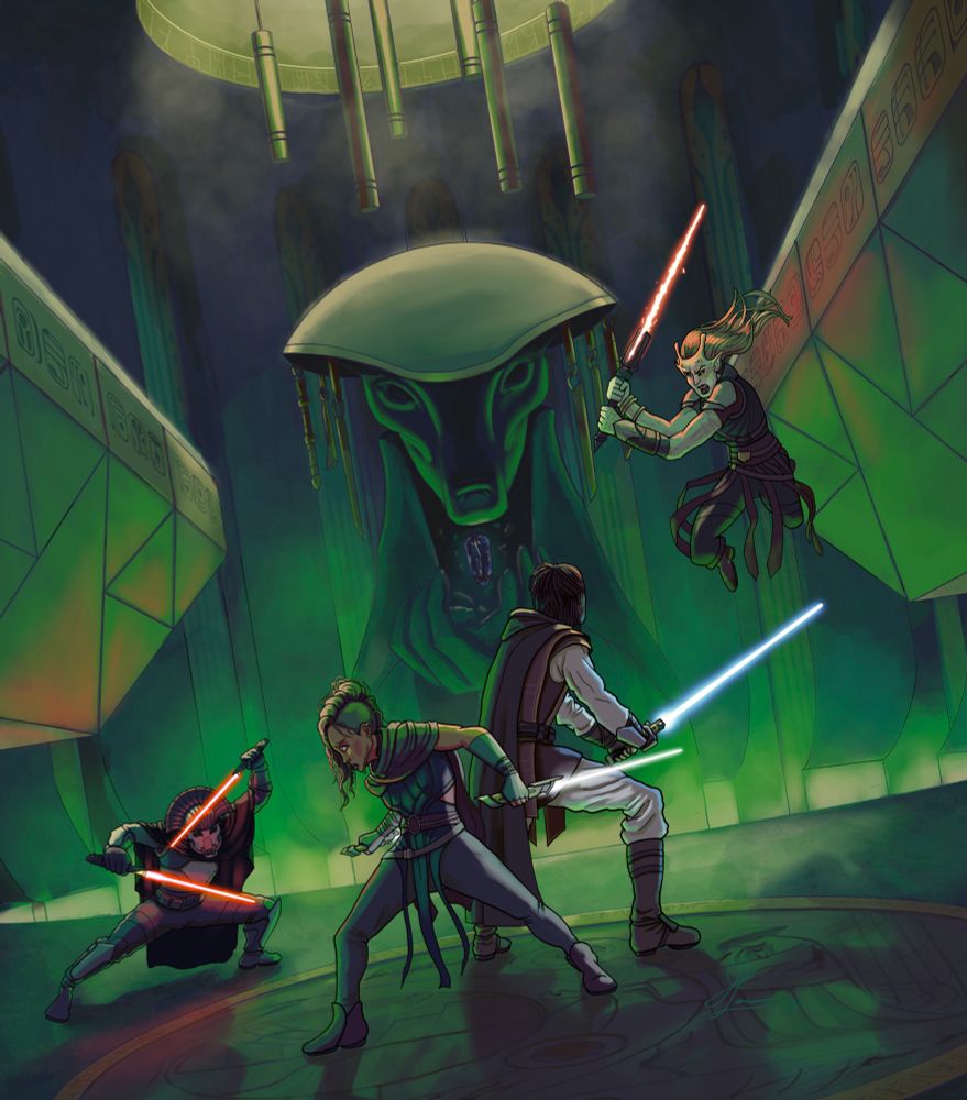 Digital Star Wars fan art depicting two Jedi facing off against two sith in an alien tomb. 