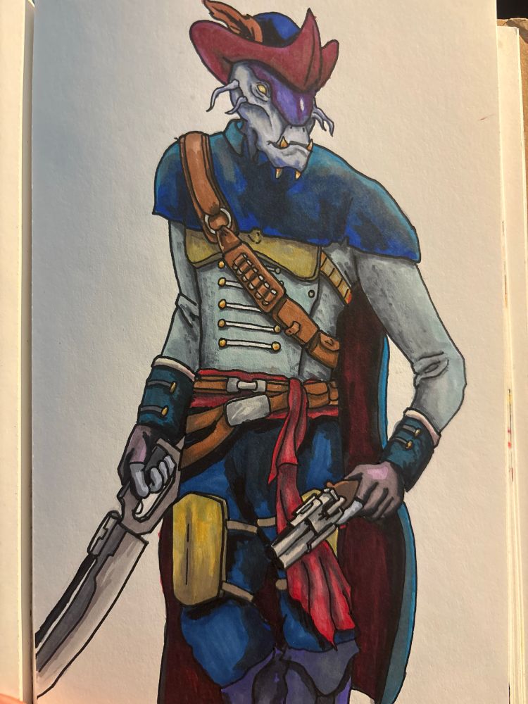 An alien space pirate in a Star Wars style, wielding a sword in his right hand and a pistol in his left he has blue skin a crocodile like snout, a big hat with a feather in it a cape, a sash boots and other traditional pirate garb