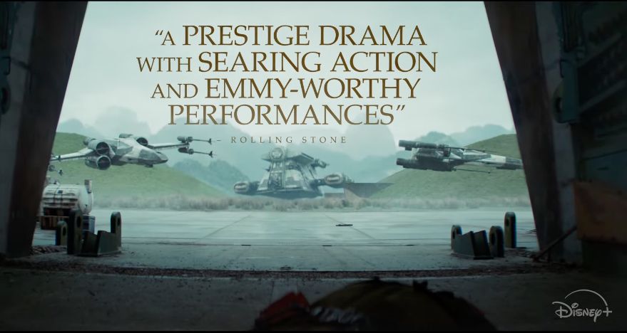 Screenshot from the Andor season 2 trailer showing X-wings with a black-striped paint job.