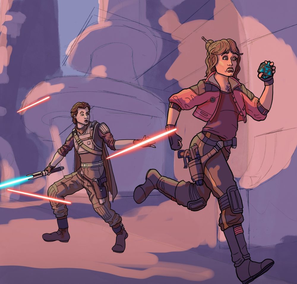 An illustration made in procreate of Kay Vess from the video game Star Wars: Outlaws. She is running away with a panicked look on her face while carrying some kind of Jedi relic. Watching her run away is Cal Kestis from the video game Jedi: Survivor. He has his lightsaber out and is confused and betrayed that Kay is running away. Blaster bolts wiz past them. 